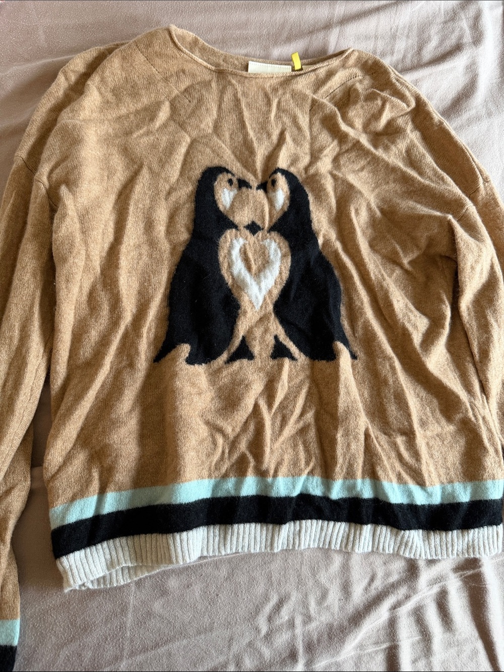 Anthropologie Maeve Tan CashmereCrewneck Sweater with Black Penguin Motif